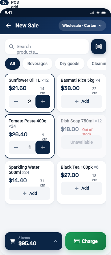 AG Flow on a phone: the same sale rung up on the POS grid