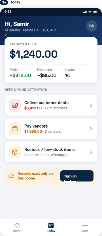 AG Flow Today dashboard: cash position, sales, and tasks for the day