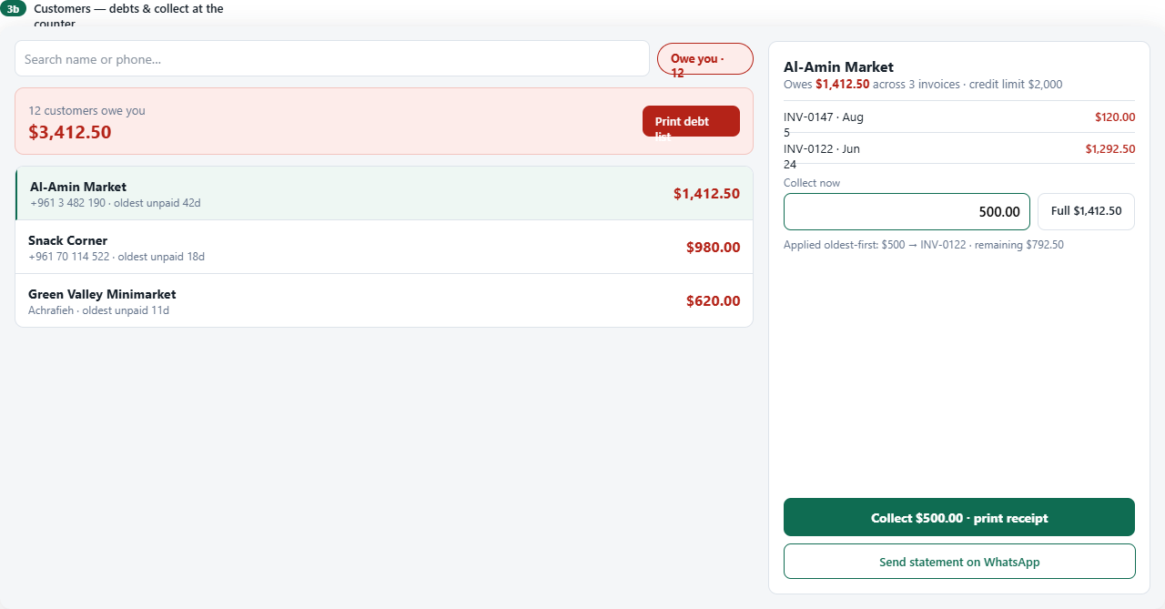 AG Flow desktop customers screen sorted by debt