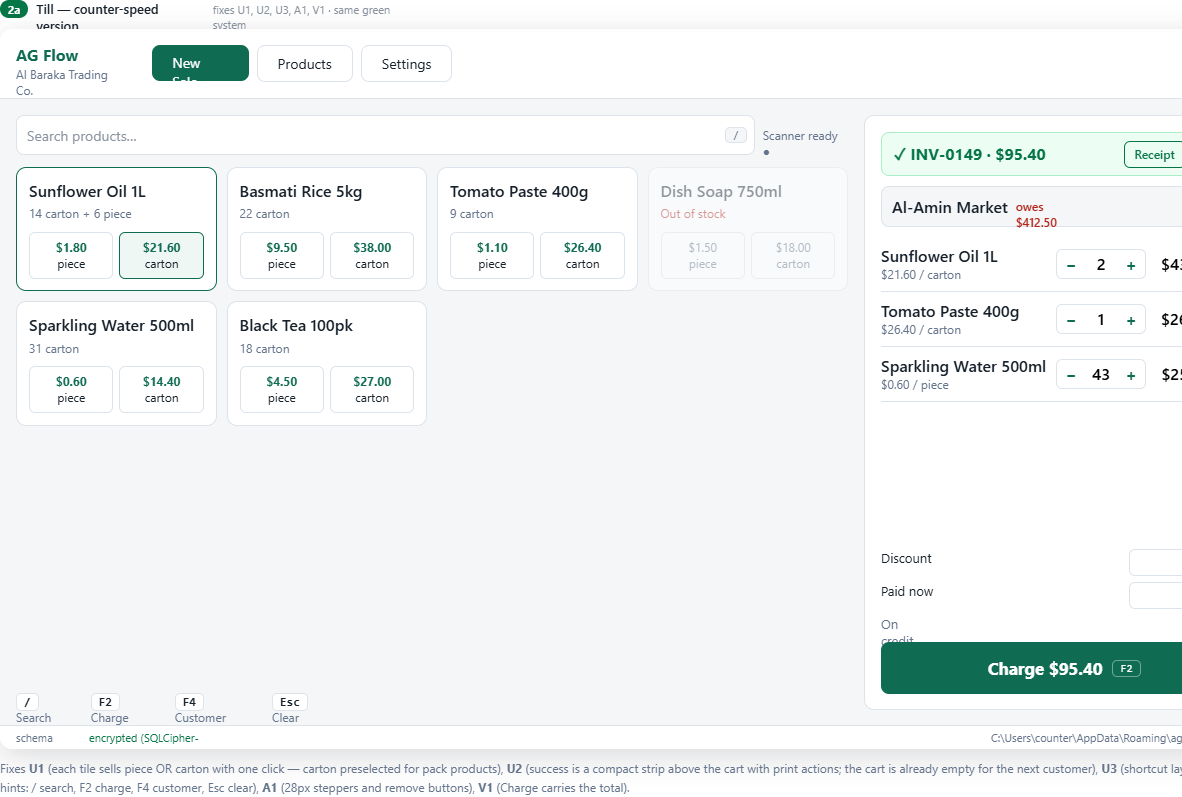 AG Flow desktop till: product grid, cart, and charge button