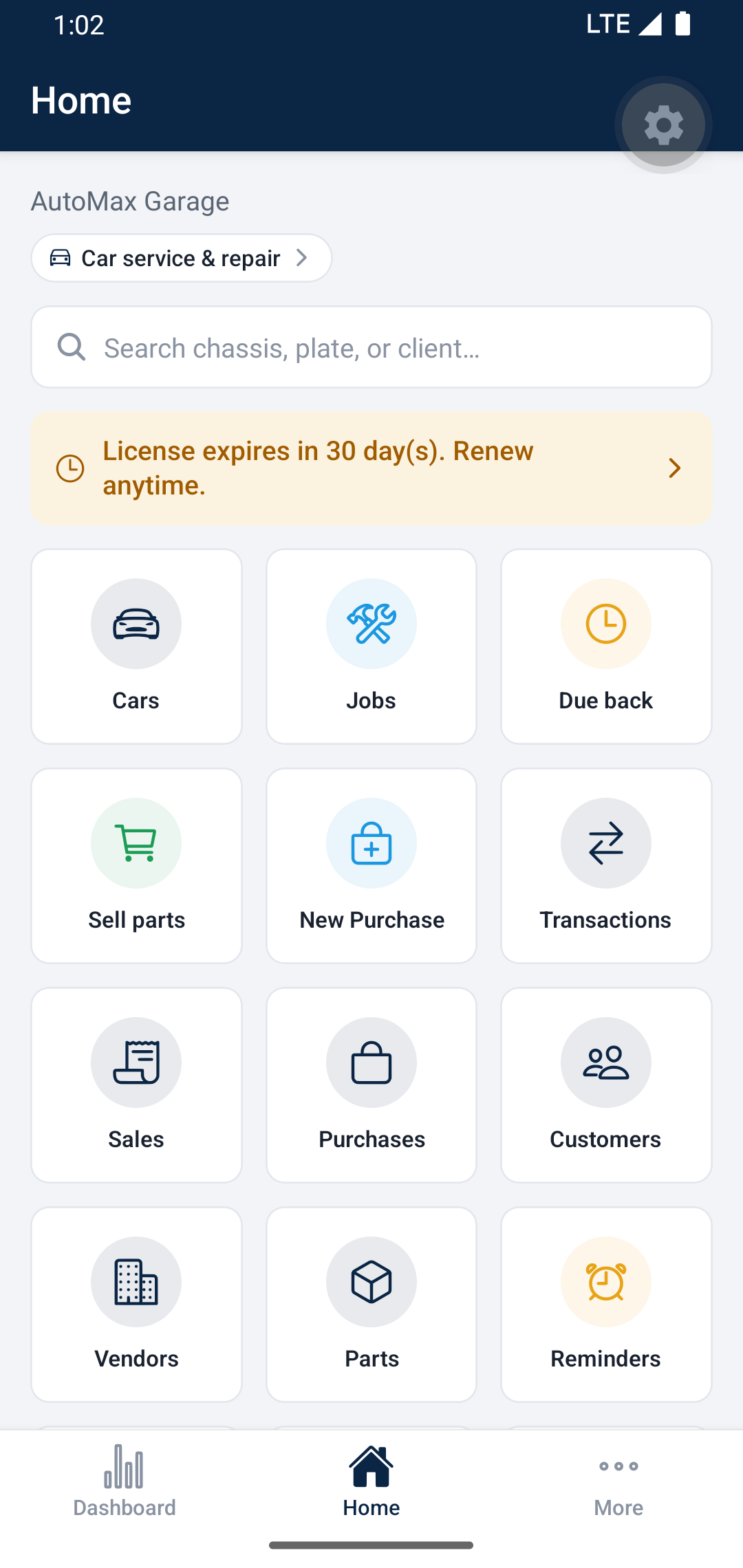 Garage home screen with job cards
