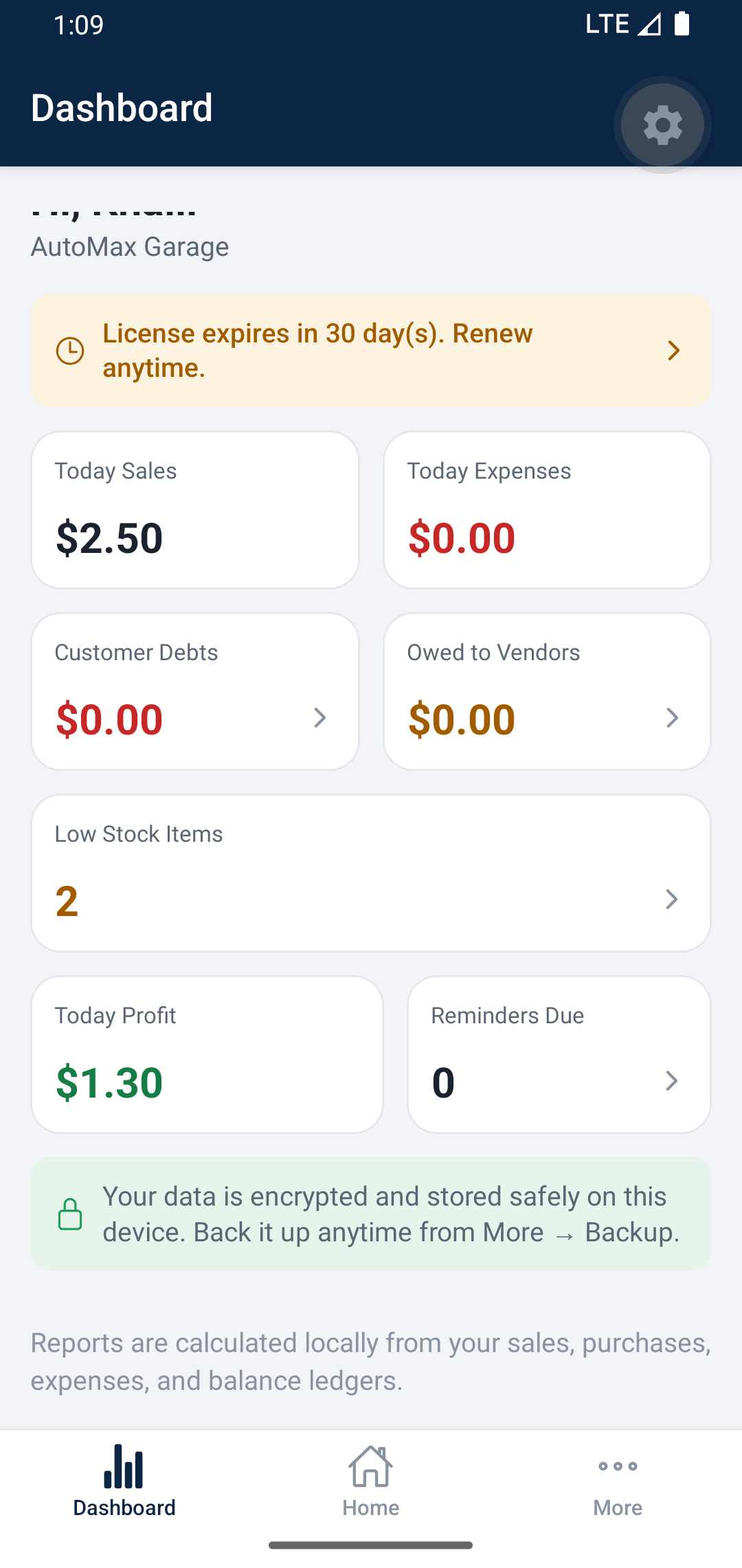 AG Flow dashboard: today's sales, invoices, debts collected, and low-stock alerts