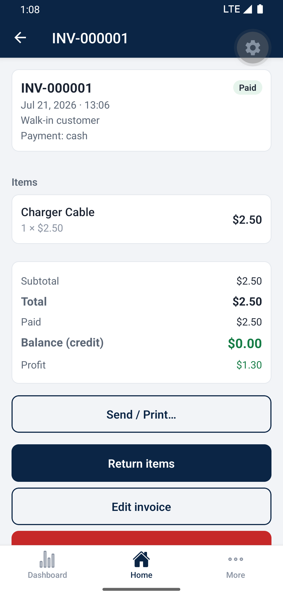 Invoice detail with line items and WhatsApp share
