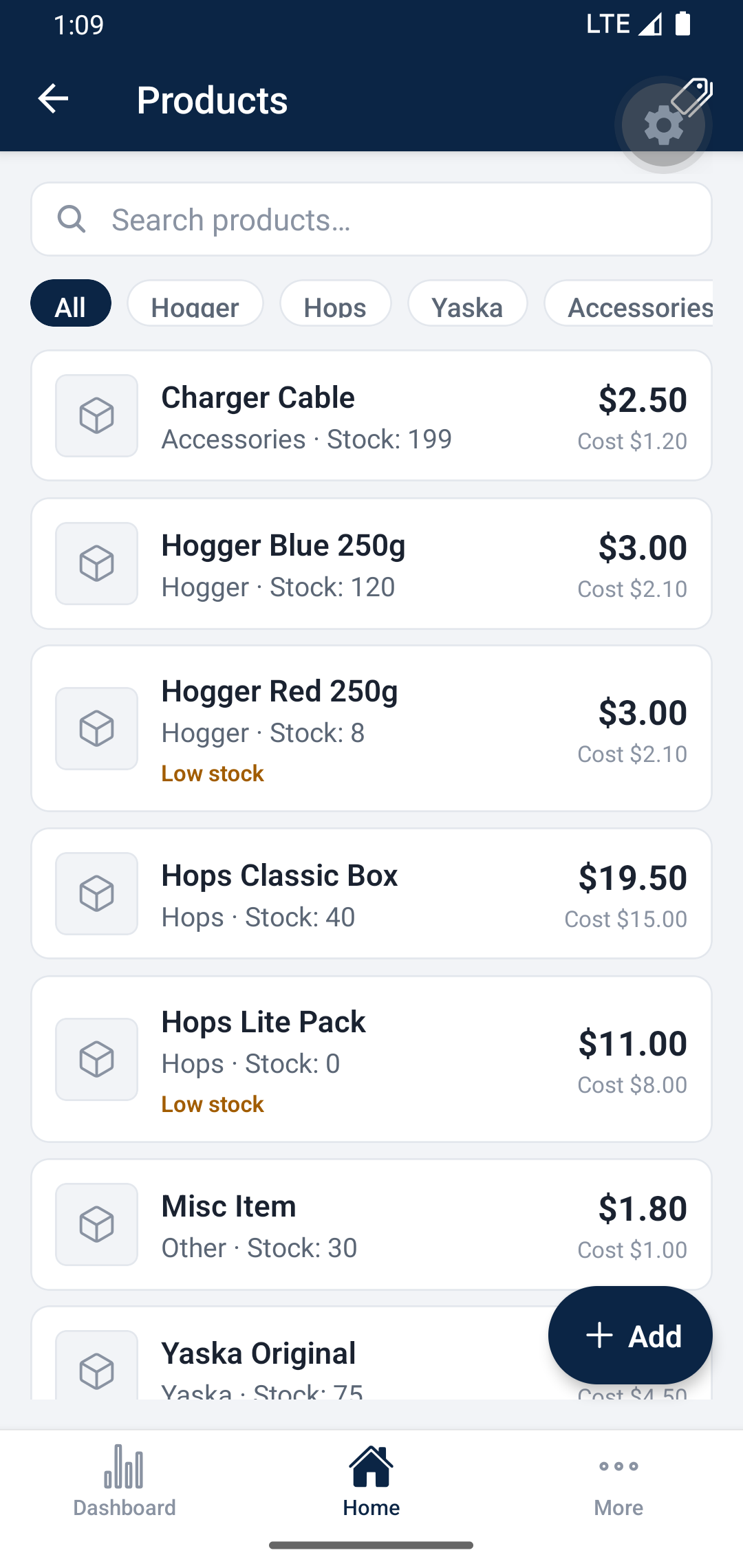 Products and stock list