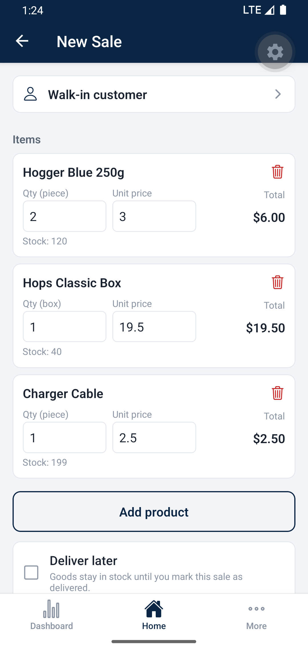 New sale screen with items and running total